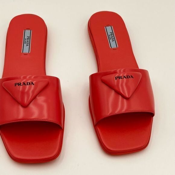 Prada Women’s Sandals Coral Logo Triangle Sandals 37.5. 7.5 women’s NEW - Picture 3 of 7
